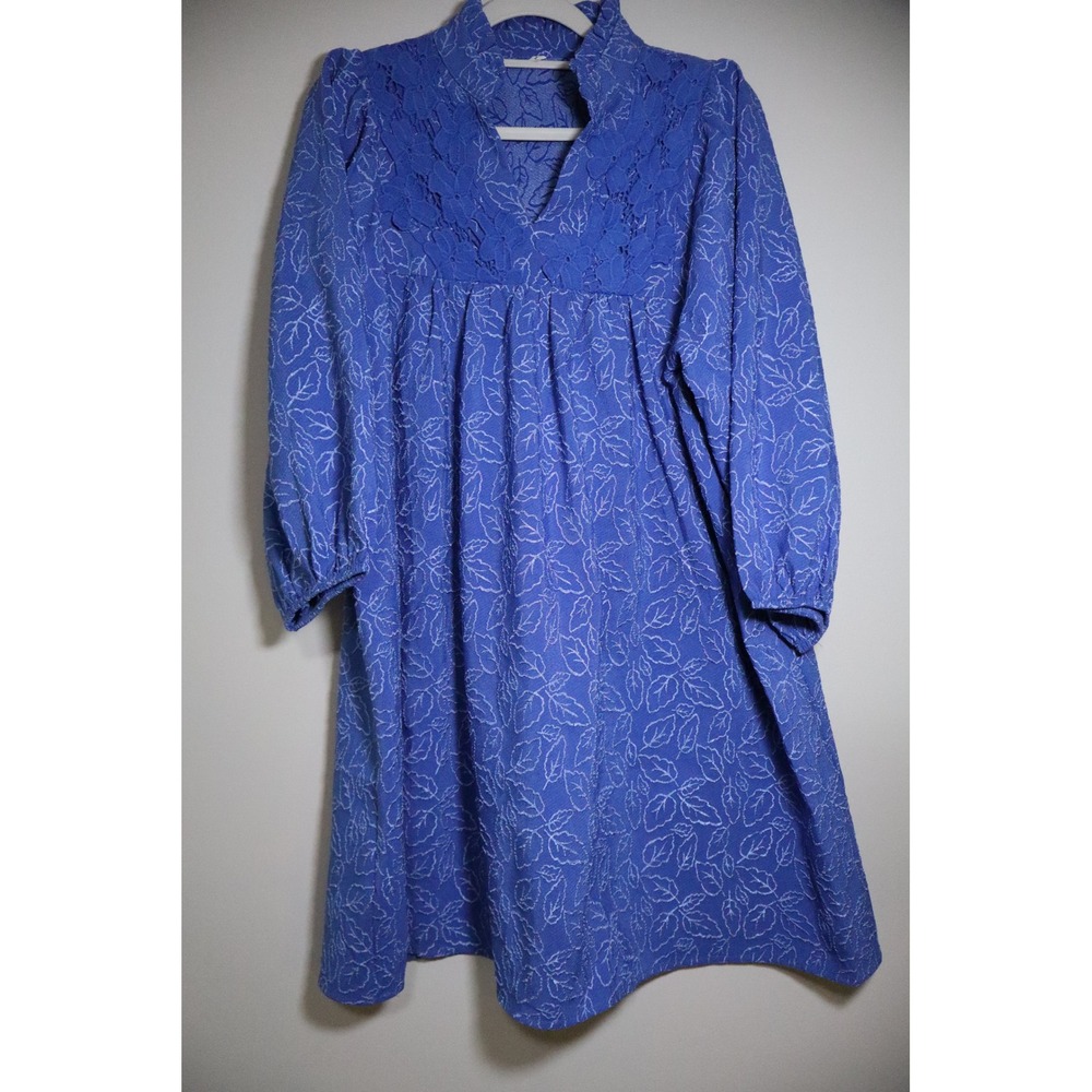 Cottagecore Boho Unbranded Babydoll Dress L Blue Lace Leaf Print Ruffle V-Neck